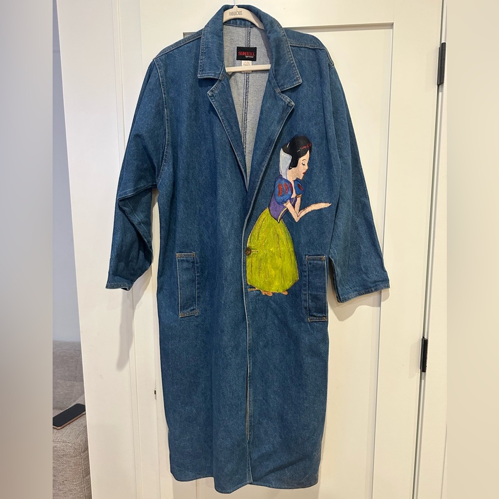 Vintage Sunbelt Sportswear Denim Long Duster Coat Hand Painted Snow White&Dwarfs